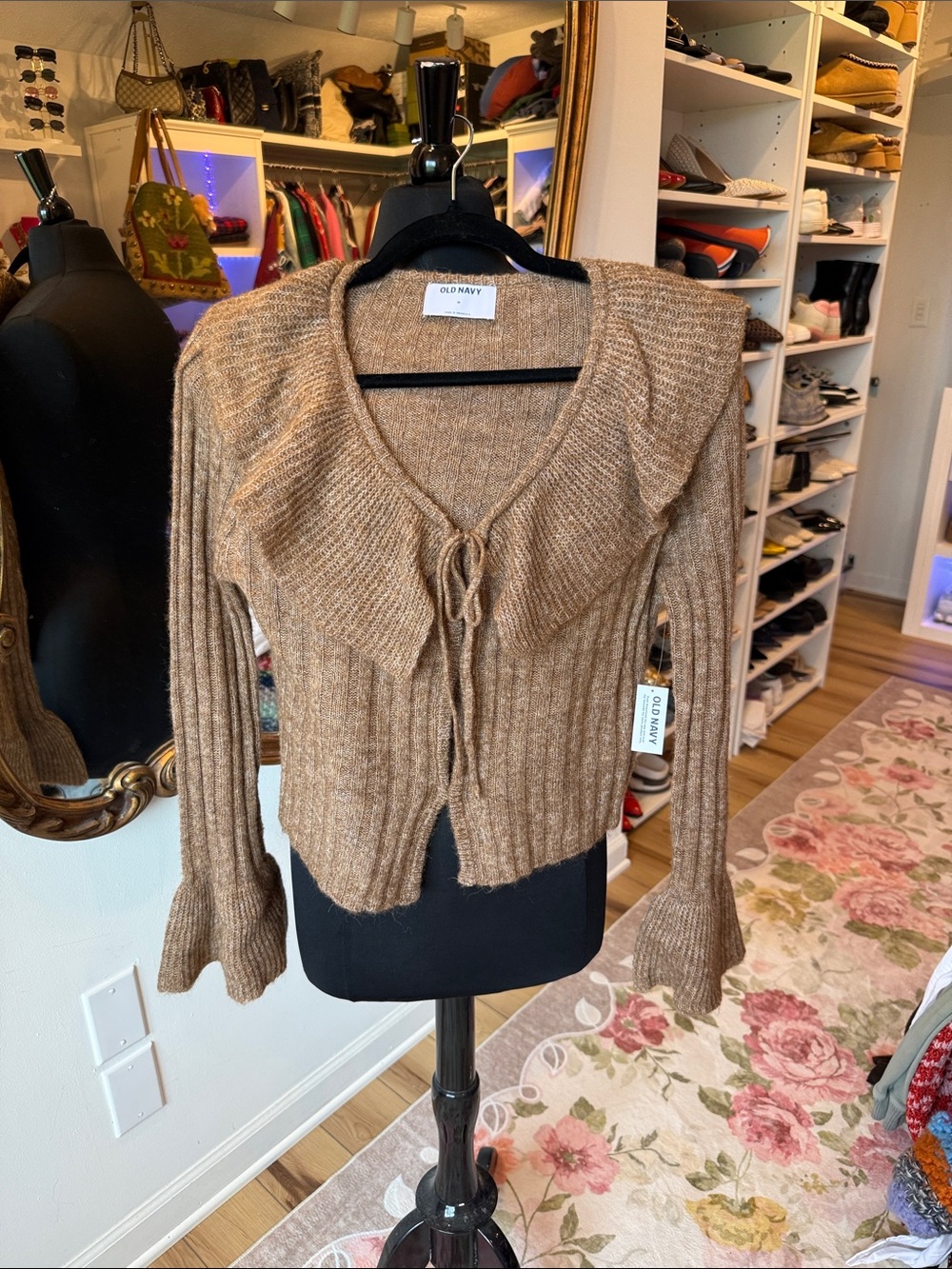 Old Navy Brown Ribbed Tie-Front Ruffle Cardigan